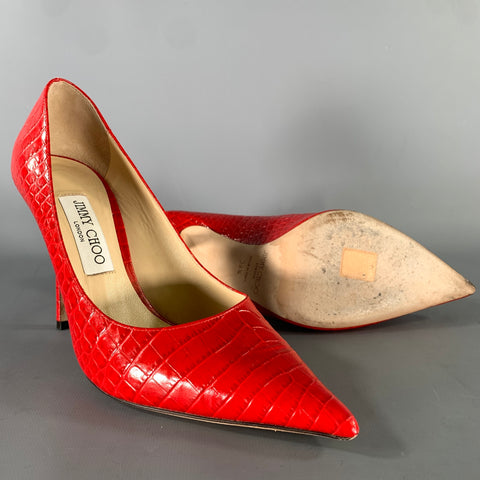 JIMMY CHOO Size 9 Red Leather J000126329395 Croc Embossed Embossed Pumps