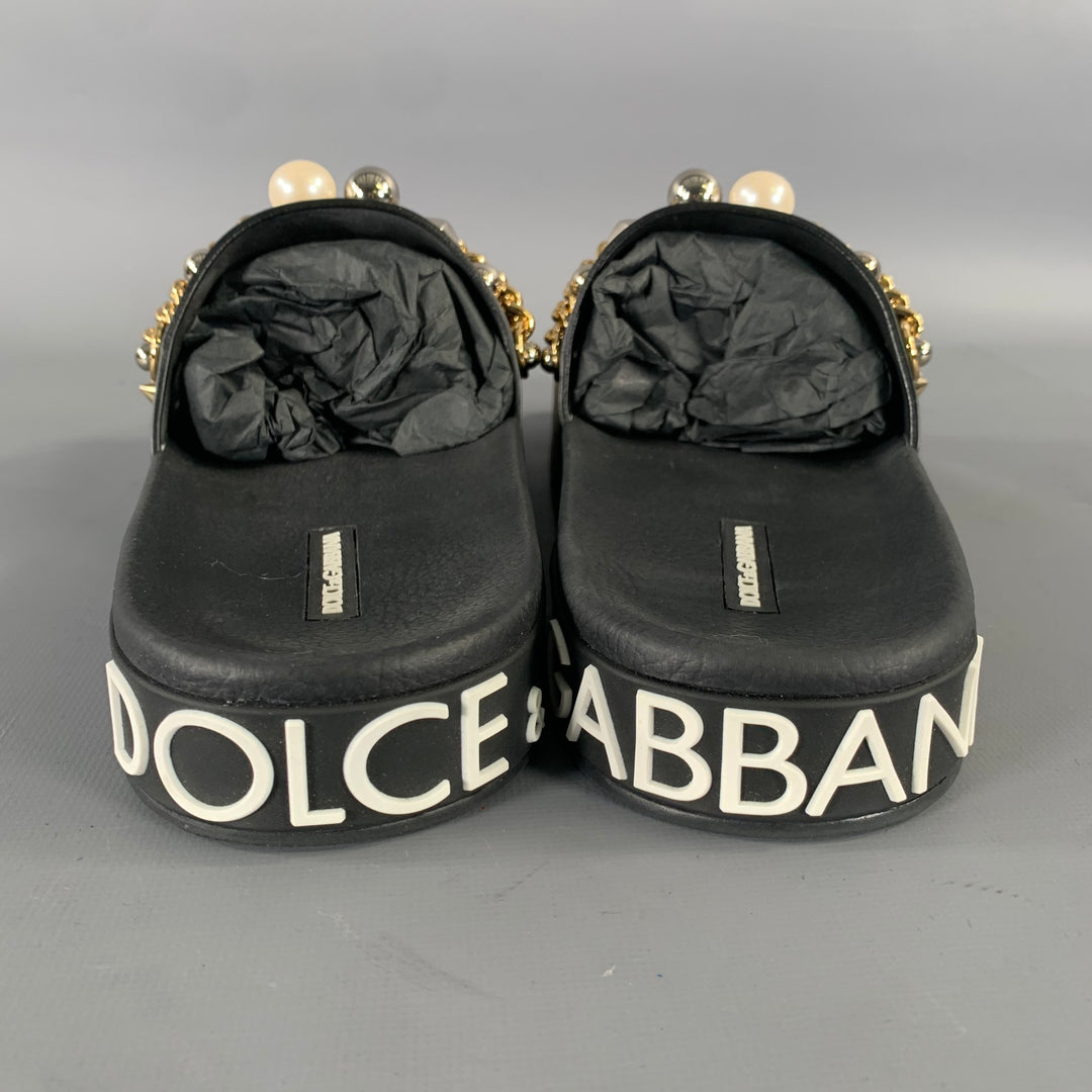 DOLCE & GABBANA Size 9 Black Metallic Studded Slide Sandals