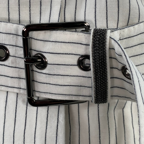 BRUNELLO CUCINELLI Size 8 White Black Cotton Linen Pinstripe Wide Leg Belted Shorts