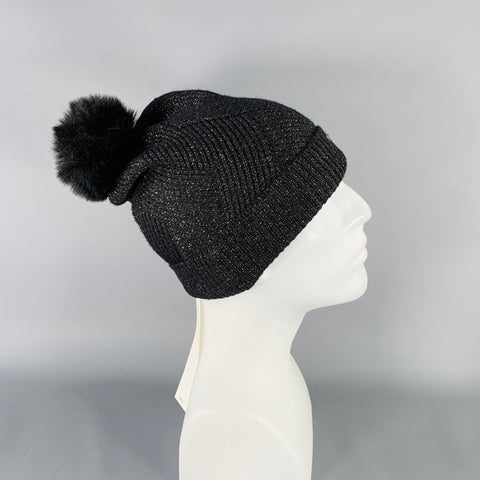 CALVIN KLEIN Black Silver Knit Polyester Blend Scarf Beanie Set