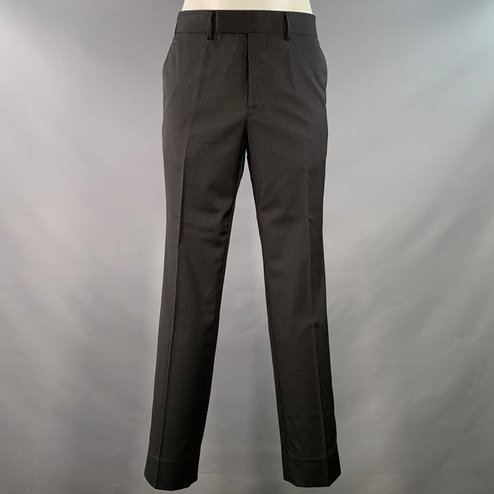 ASTOR & BLACK Size 44 Black Grey Stripe Single Breasted Peak Lapel 3 Piece Suit