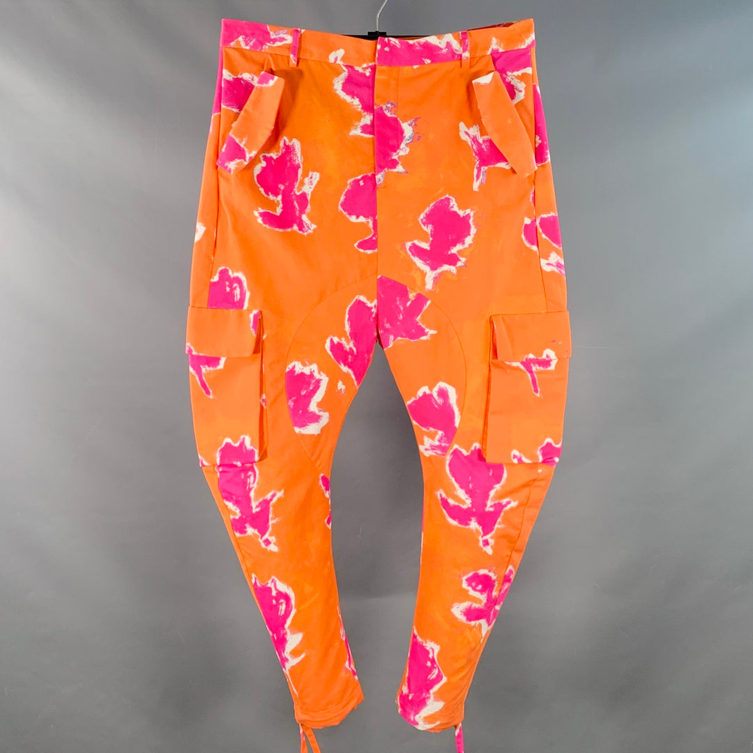 PRABAL GURUNG SS19 Runway Size M Orange Pink Cotton Blend Drop Crotch Cargo Casual Pants