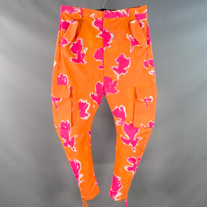 PRABAL GURUNG SS19 Runway Size M Orange Pink Cotton Blend Drop Crotch Cargo Casual Pants