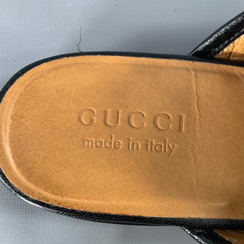 GUCCI Size 7.5 Black Gold Leather Horsebit Slip On Loafers