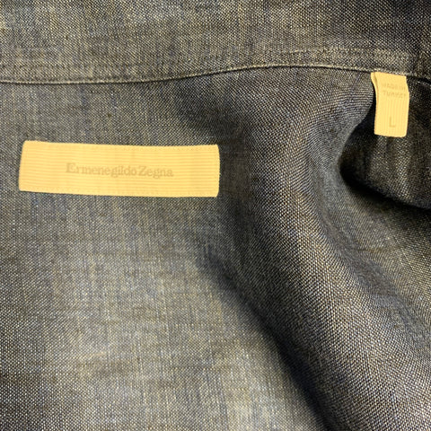 ERMENEGILDO ZEGNA Size L Navy Linen One Pocket Short Sleeve Shirt