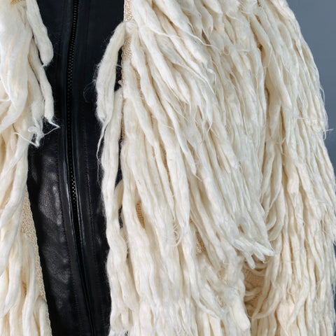TOM FORD FW14 Size XS Off White Black Silk Shaggy Lambskin Leather Trim Zip Up Coat