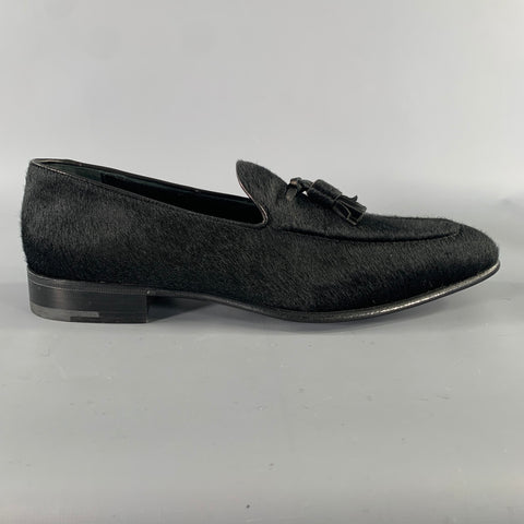 SALVATORE FERRAGAMO Size 8 Black Leather Calf Hair Tassels Loafers