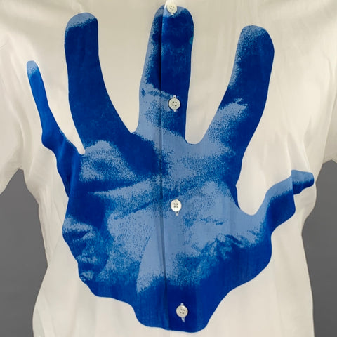 DRIES VAN NOTEN 2019 Size 38 White Blue Hand Print Cotton Short Sleeve Shirt