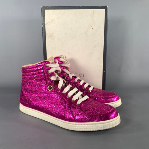 GUCCI Size 8 Pink Metallic Leather High Top Sneakers