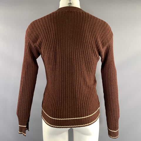 GIORGIO ARMANI Size S Brown White Rib Knit Cotton & Rayon V Neck Sweater