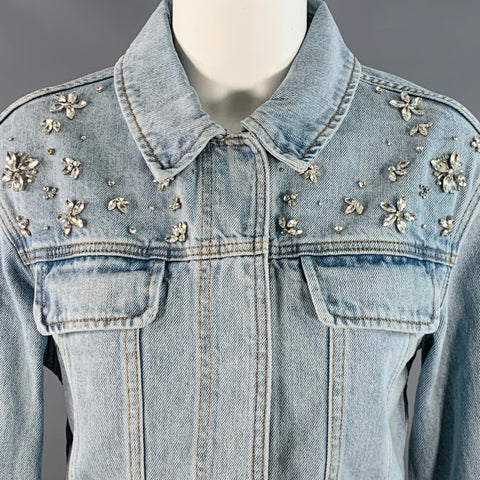 SELF-PORTRAIT Size 6 Blue Cotton Rhinestones Cropped Denim Jacket