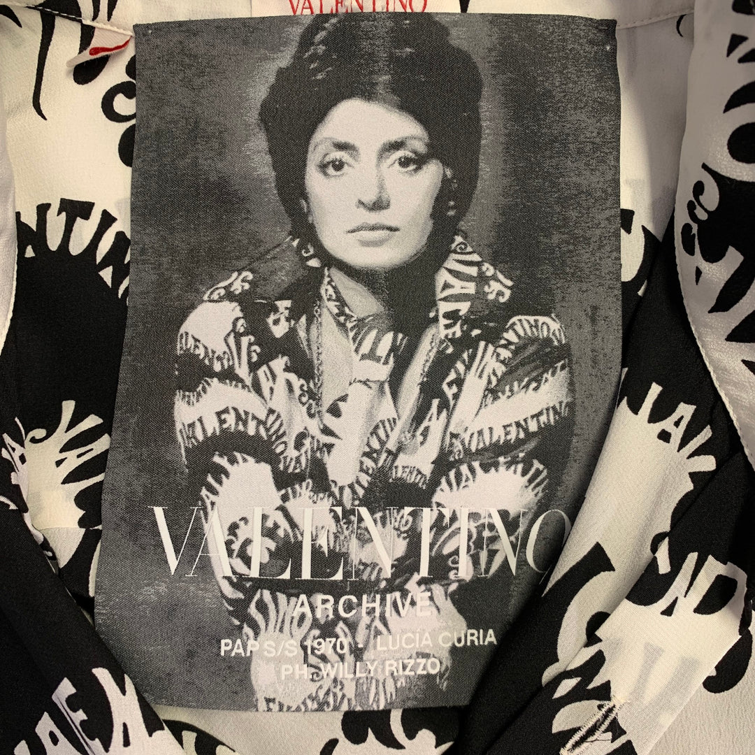 VALENTINO SS 1970 Archive Size S Black White Wave Print Silk Button Up Long Sleeve Shirt