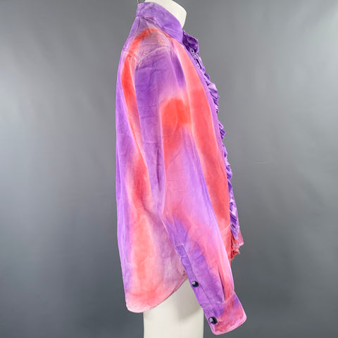 MARNI Size XS Purple Orange Tie Dye Viscose Ruffle Oversized Long Sleeve Shirt
