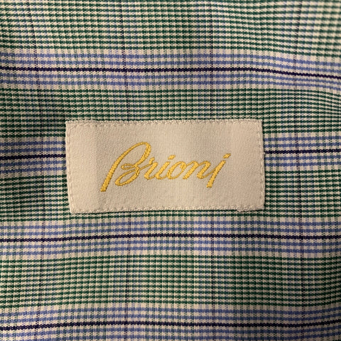 BRIONI Size L Green Blue White Plaid Cotton Long Sleeve Shirt