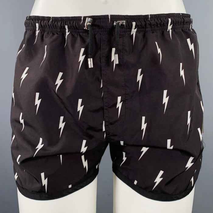 NEIL BARRETT Size M Black White Polyester Drawstring Swim Trunks