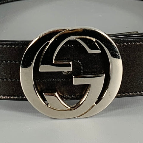GUCCI Size 30 Black Silver Monogram Leather Metal Belt