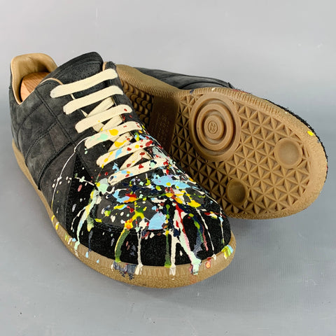 MAISON MARGIELA Size 9.5 Black Multi Color Lambskin Suede Paint Splatter Sneakers
