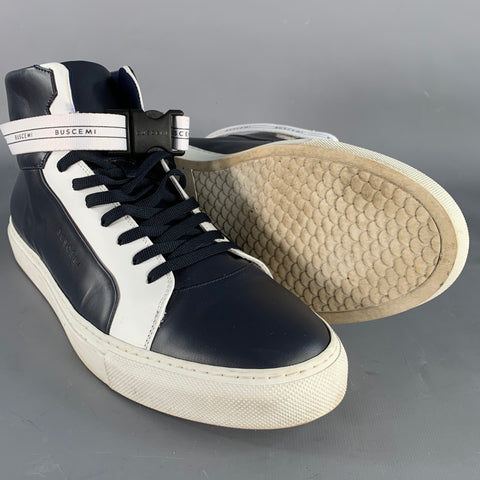 BUSCEMI Size 11 100MM Navy White Two Toned Leather High Top Sneakers