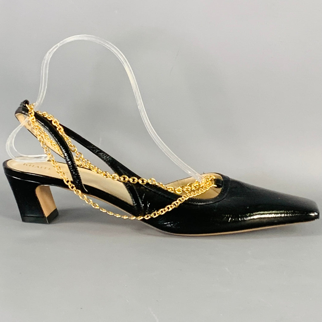 KHAITE Size 9.5 Marfa Black Gold Leather Crinkled Chain Slingback Pumps