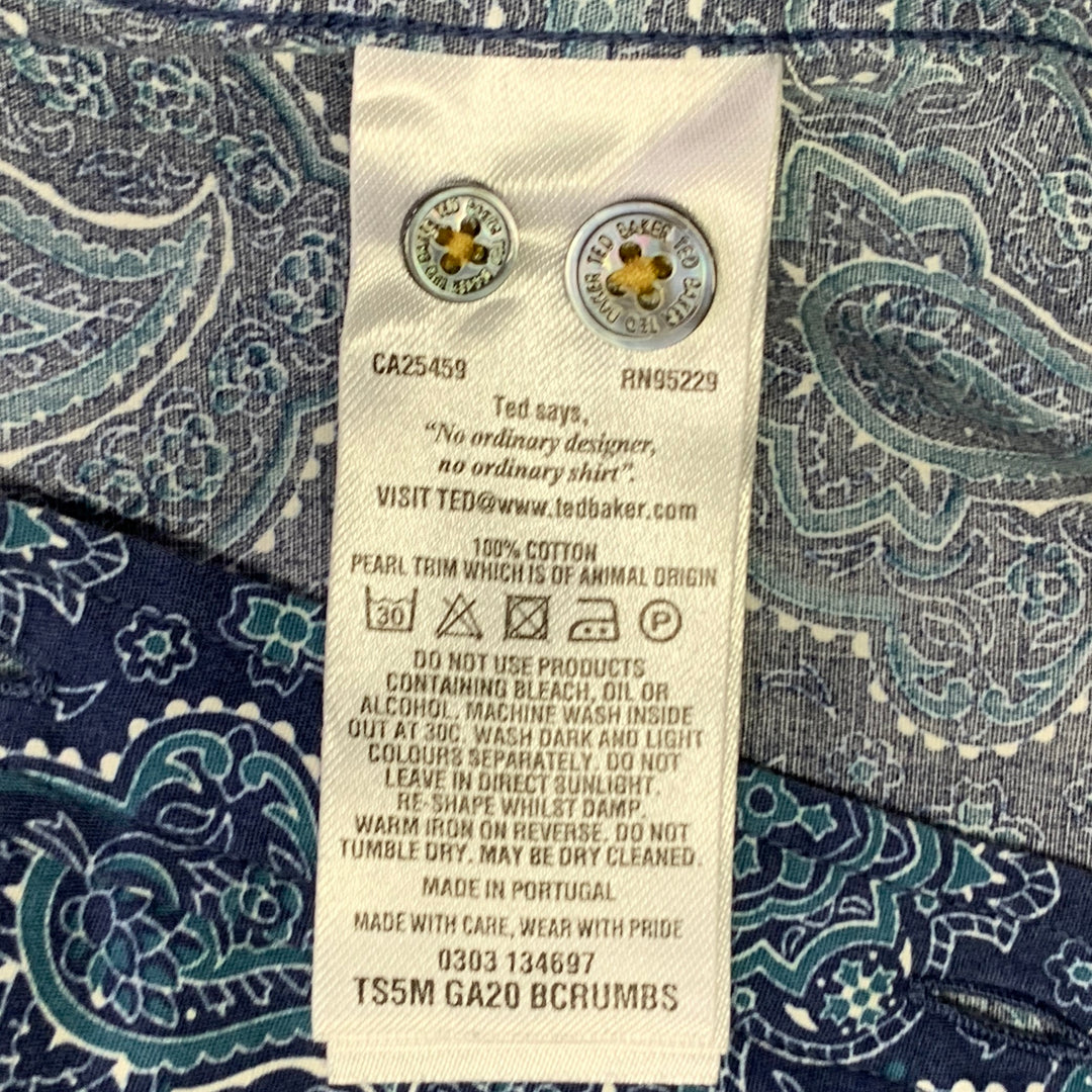 TED BAKER Size XS Bcrumbs Navy Green Paisley Cotton Spread Collar Short Sleeve Shirt