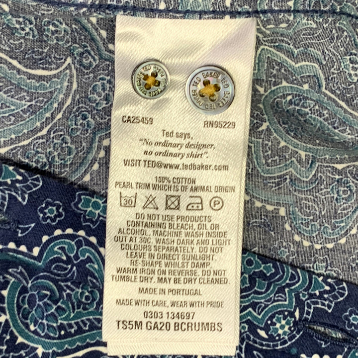 TED BAKER Size XS Bcrumbs Navy Green Paisley Cotton Spread Collar Short Sleeve Shirt