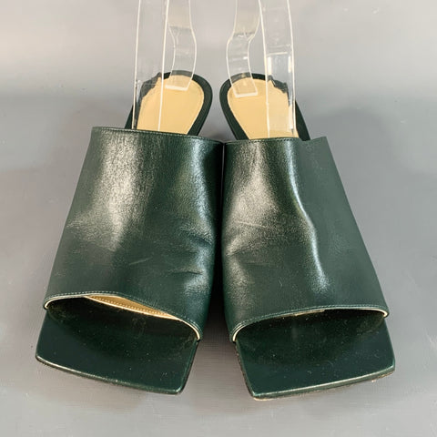 BOTTEGA VENETA Size 9.5 Green Leather Square Toe Kitten Heel Mules Sandals