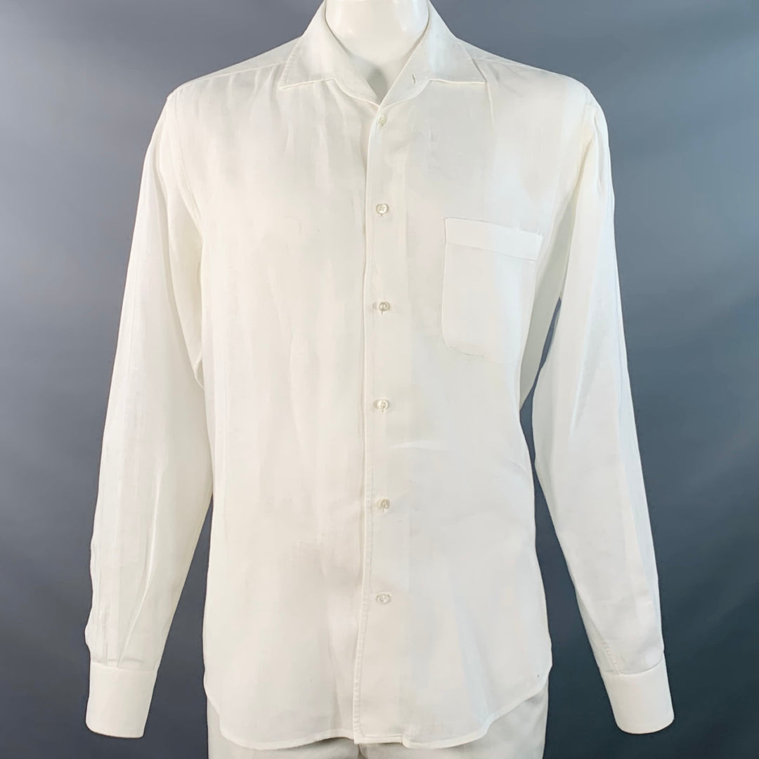 LORO PIANA Size L White Linen One Pocket Long Sleeve Shirt