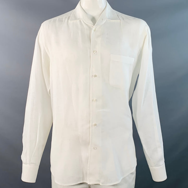 LORO PIANA Size L White Linen One Pocket Long Sleeve Shirt