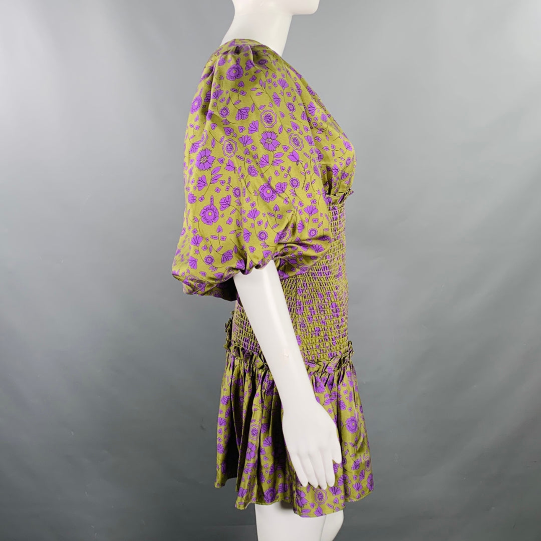 CYNTHIA ROWLEY Size XS Green Purple Silk Twill Floral Ruched Dress Sui Generis Designer Consignment CYNTHIA ROWLEY Size XS Green Purple Silk Twill Floral Ruched Dress Sui Generis Designer Consignment