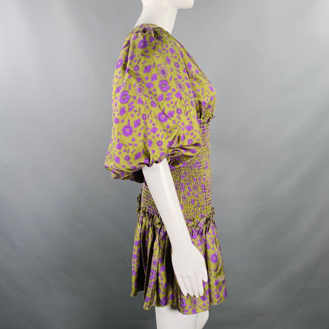 CYNTHIA ROWLEY Size XS Green Purple Silk Twill Floral Ruched Dress