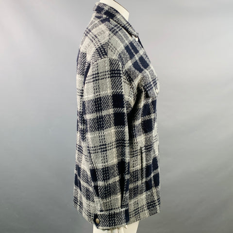 AMINA RUBINACCI Size L Navy Grey Virgin Wool Blend Plaid Shirt Jacket