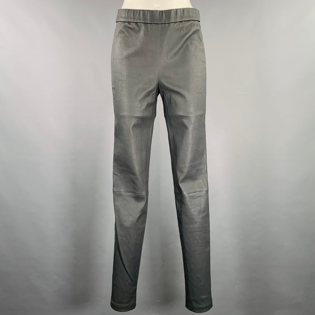 HELMUT LANG Size 6 Grey Leather Lambskin Elastic Waistband Leggings