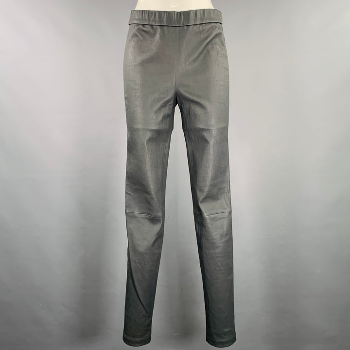 HELMUT LANG Size 6 Grey Leather Lambskin Elastic Waistband Leggings
