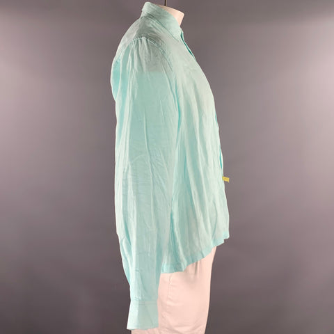 NATURAL BLUE Size L Blue Turqoise Heather Linen Pointed Collar Long Sleeve Shirt