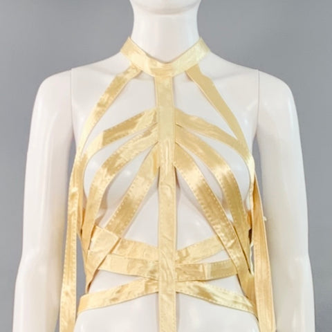 KHAITE Size M Sukey Gold Viscose Satin Straps Harness Dress Top