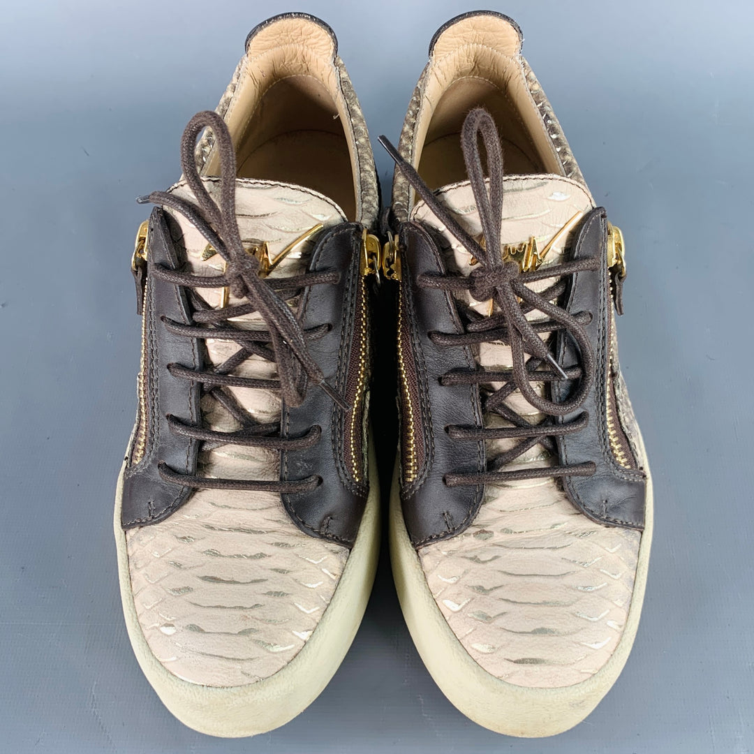 GIUSEPPE ZANOTTI Size 9 Beige Brown Leather Textured Double Side Zipper Sneakers