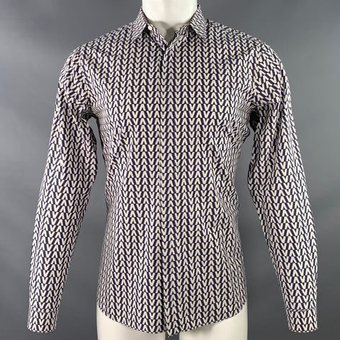 VALENTINO Size M Navy White Monogram Cotton Hidden Buttons Long Sleeve Shirt