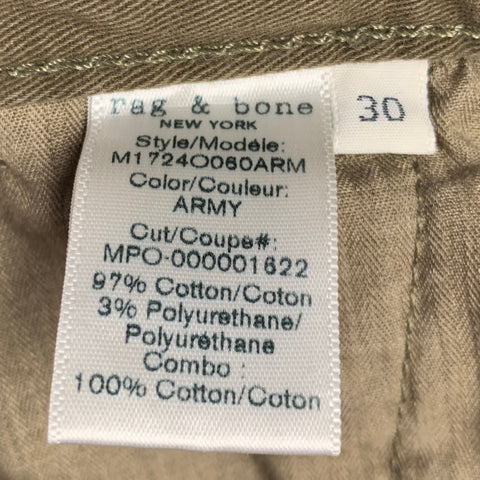 RAG & BONE Size 30 Green Olive Twill Cotton Polyurethane Zip Fly Casual Pants