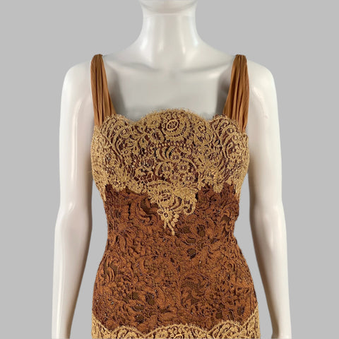 Robe de soirée sans manches vintage, taille 6, marron clair, avec dentelle et perles