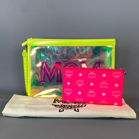 MCM SS2019 Pink Neon Monogram PVC Wristlet