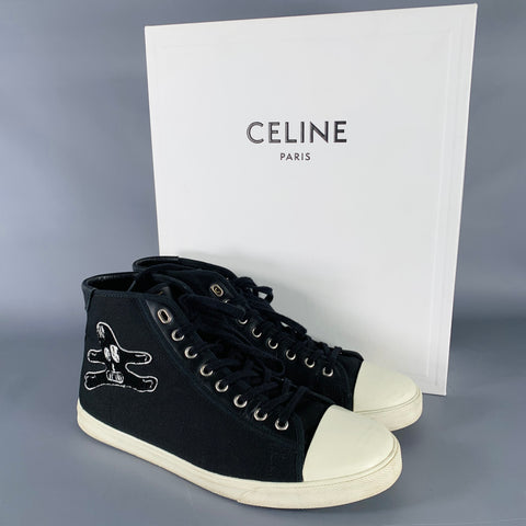 CELINE Size 10 Black White Applique Canvas High Top Sneakers