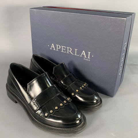 APERLAI Size 7.5 Black Silver Studded Patent Leather Fringed Moccasin Flats