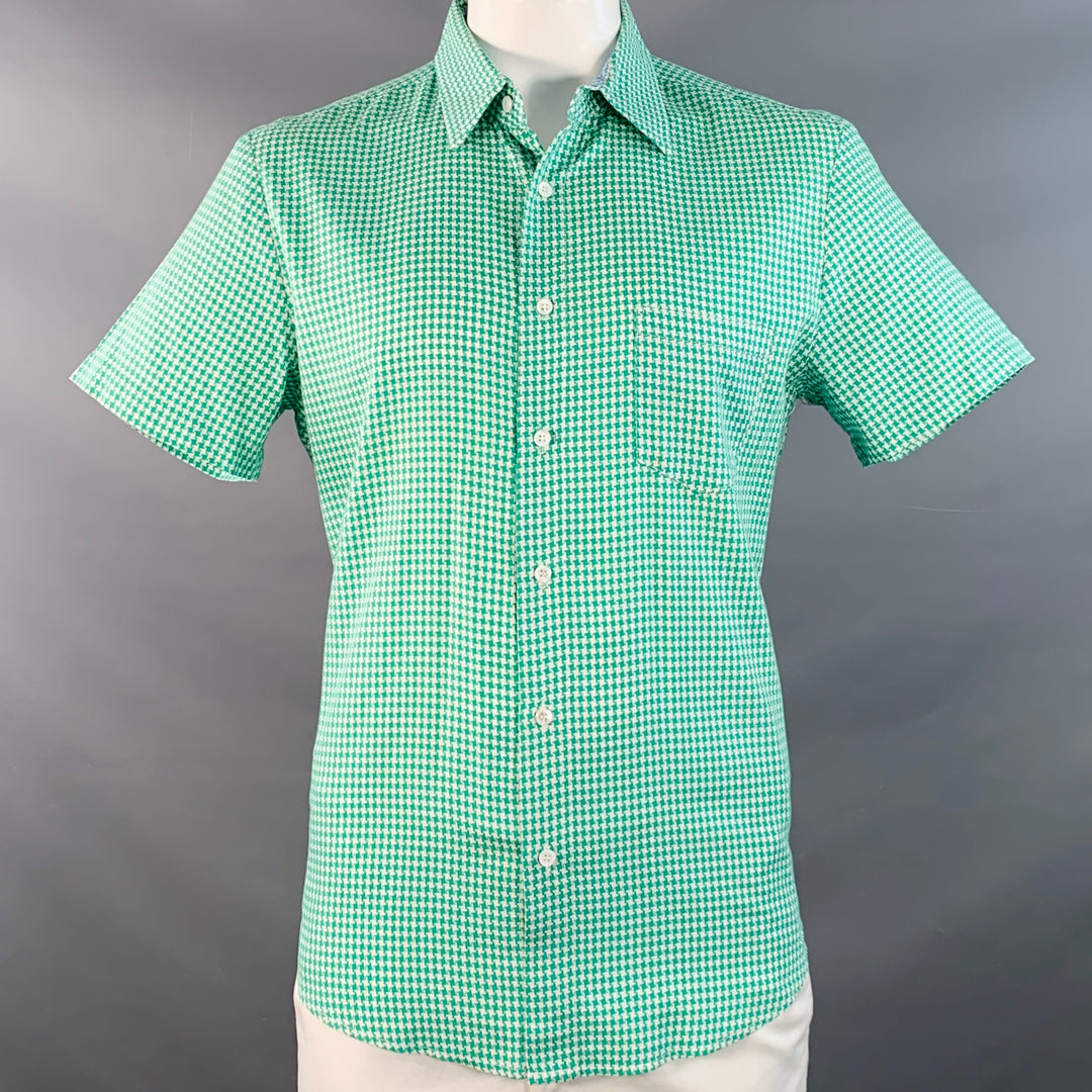 MR TURK Size L Green White Houndstooth Cotton One Pocket Short Sleeve Shirt