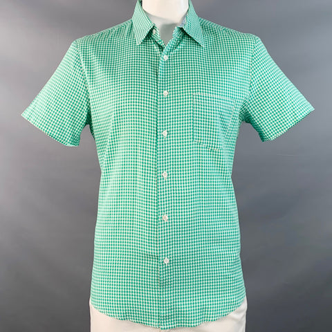 MR TURK Size L Green White Houndstooth Cotton One Pocket Short Sleeve Shirt