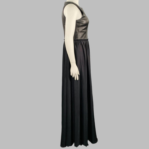MARNA Size L Black Leather Pleated Sleeveless Long Dress