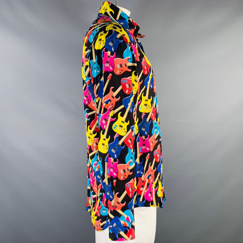 BILLIONAIRE COUTURE Size XL Black Multi Color Guitars Silk Long Sleeve Shirt