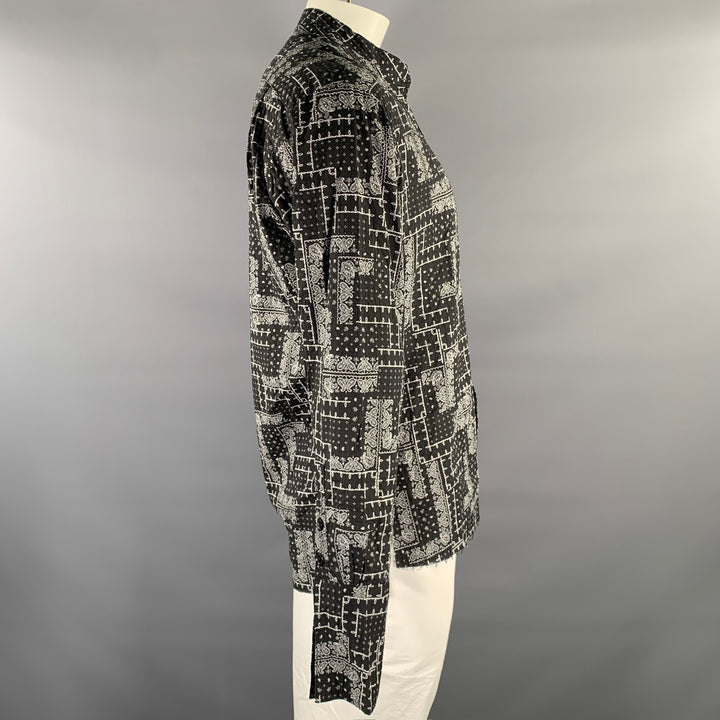GREG LAUREN Size L Black White Bandana Cotton Band Collar Long Sleeve Shirt