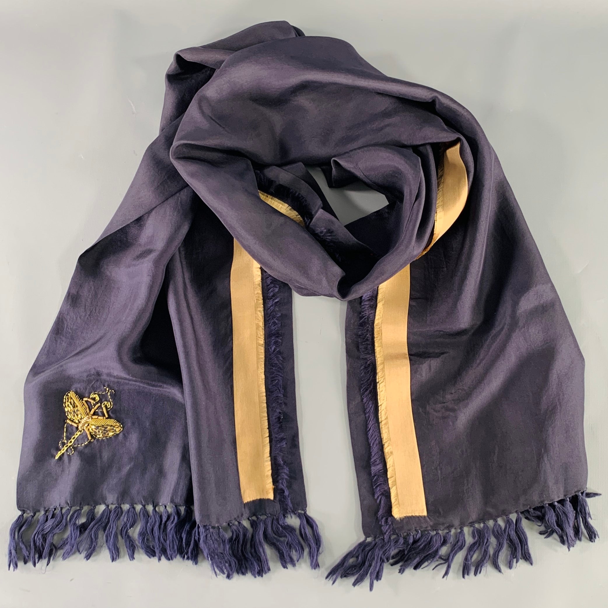 DRIES VAN NOTEN Navy Gold Embroidered Silk Scarf – Sui Generis
