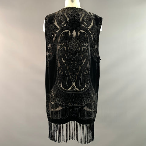 NEIMAN MARCUS Size XL Black Grey Paisley Fringed Vest Indoor
