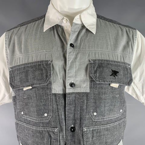 GANRYU Size S Grey White Cotton Patch Pockets Short Sleeve Shirt